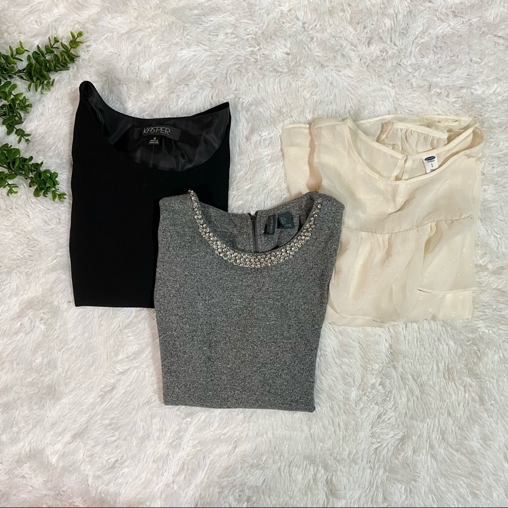 Bundle three blouse lot black fitted tank gray rhinestone cream cold shoulder